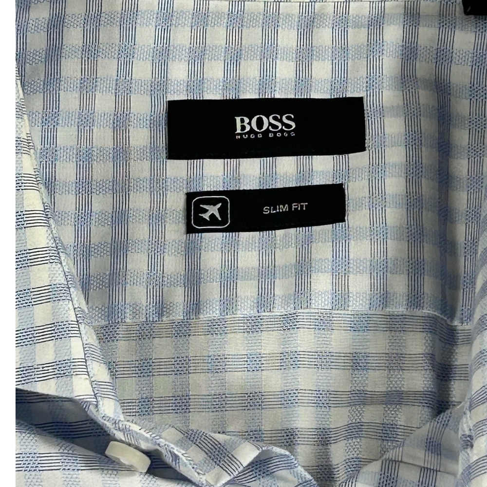 Hugo Boss Mens Slim Fit Gingham Dress Shirt Light Blue White Size 44 17.5